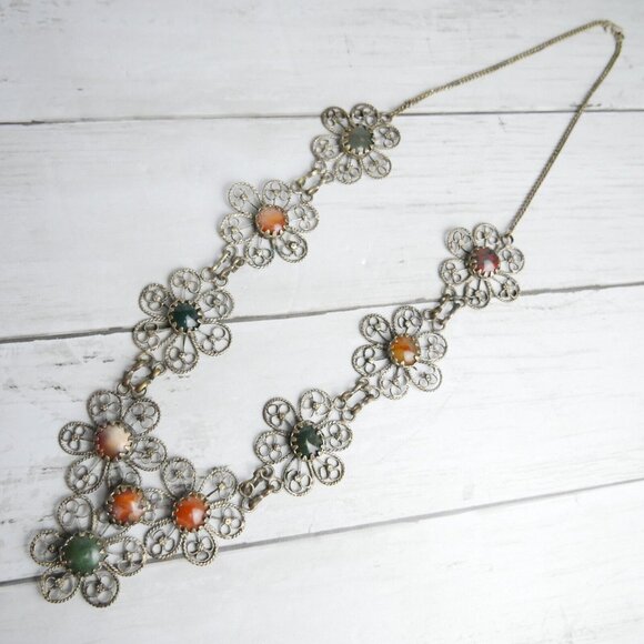 Vintage Hippie Flower Power Filigree Gemstones Bib Necklace Indian Style - Picture 3 of 10